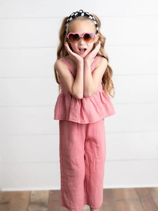 Girls Dusty Pink Gauze Weave Ruffle Spring Summer Set