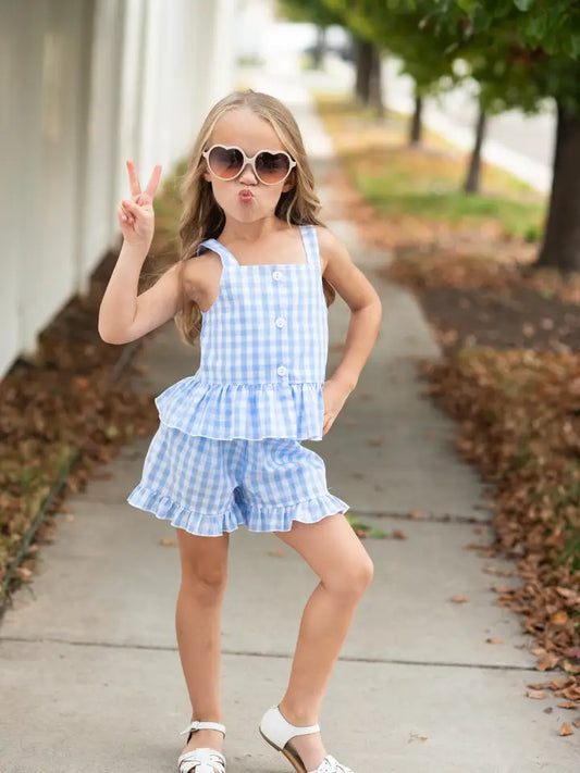 Kids Blue Check Gingham Ruffle Button Short Set