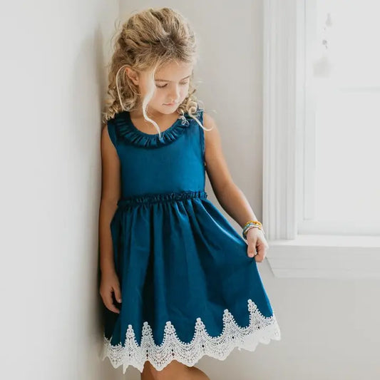 Kids Denim Ruffle Intricate Lace Summer Dress